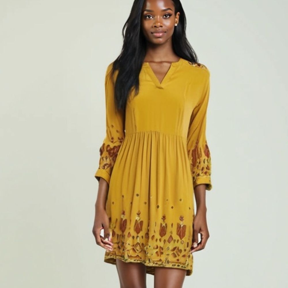 Beach Lunch Lounge Mustard Yellow Aztec Finely Embroidered Boho Dress - S‎
